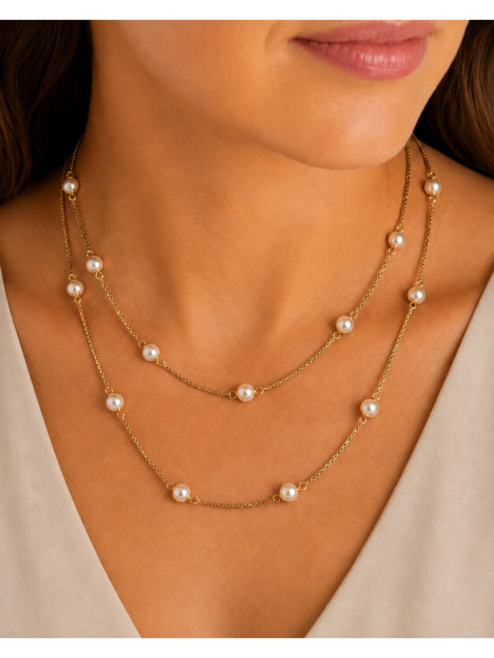 Vintage 18K Gold Elegant Faux Pearl Station Necklace Long Layering 20g Italy
